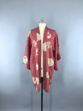 1930s Vintage Silk Haori Kimono Jacket Cardigan with Dark Pink Floral Print