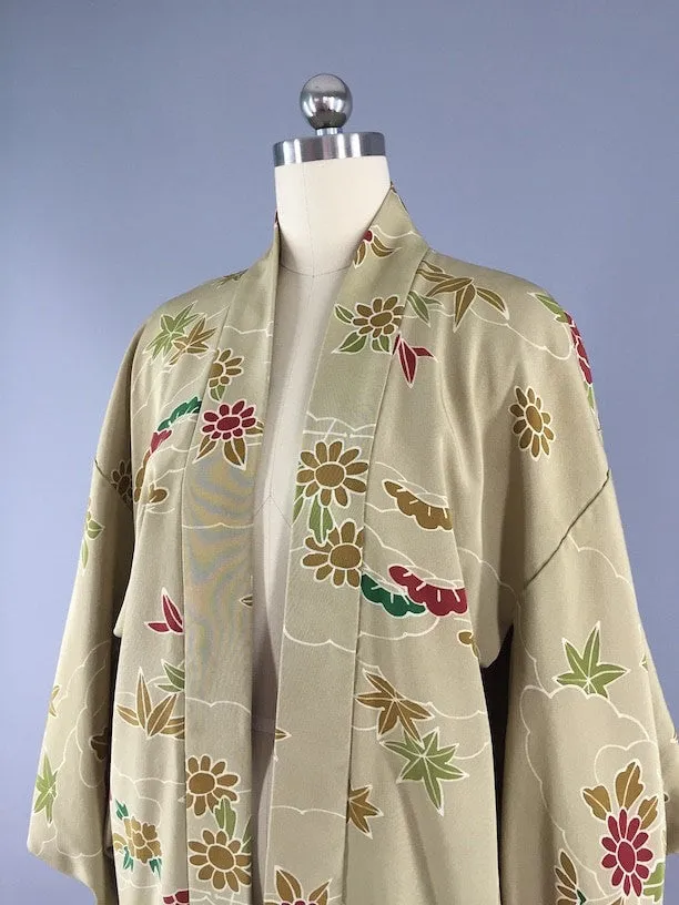 1950s Vintage Silk Haori Kimono Cardigan / Sage Green Floral