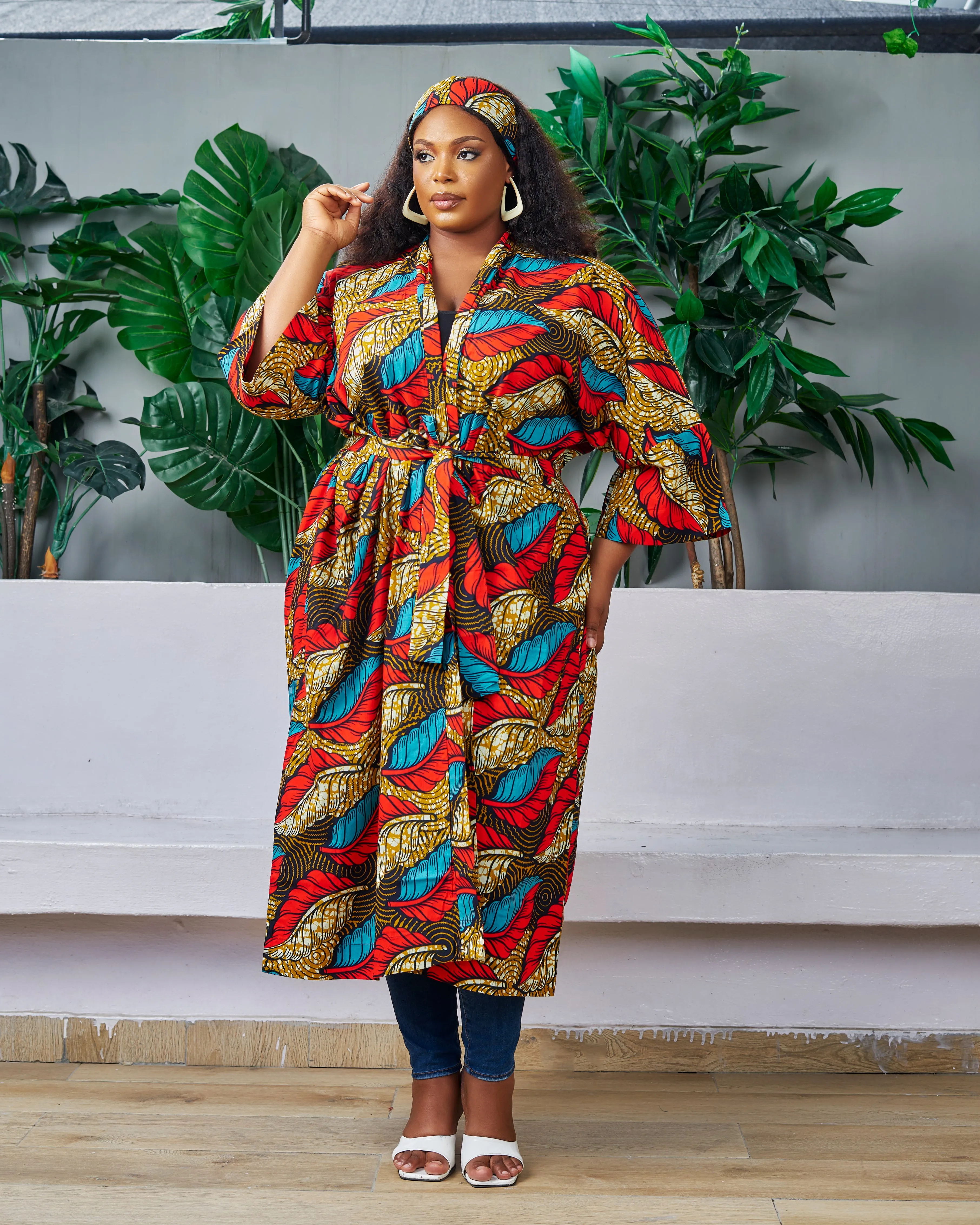 2pc African Print Midi Length Kimono Jacket and Headwrap Set- Zimife