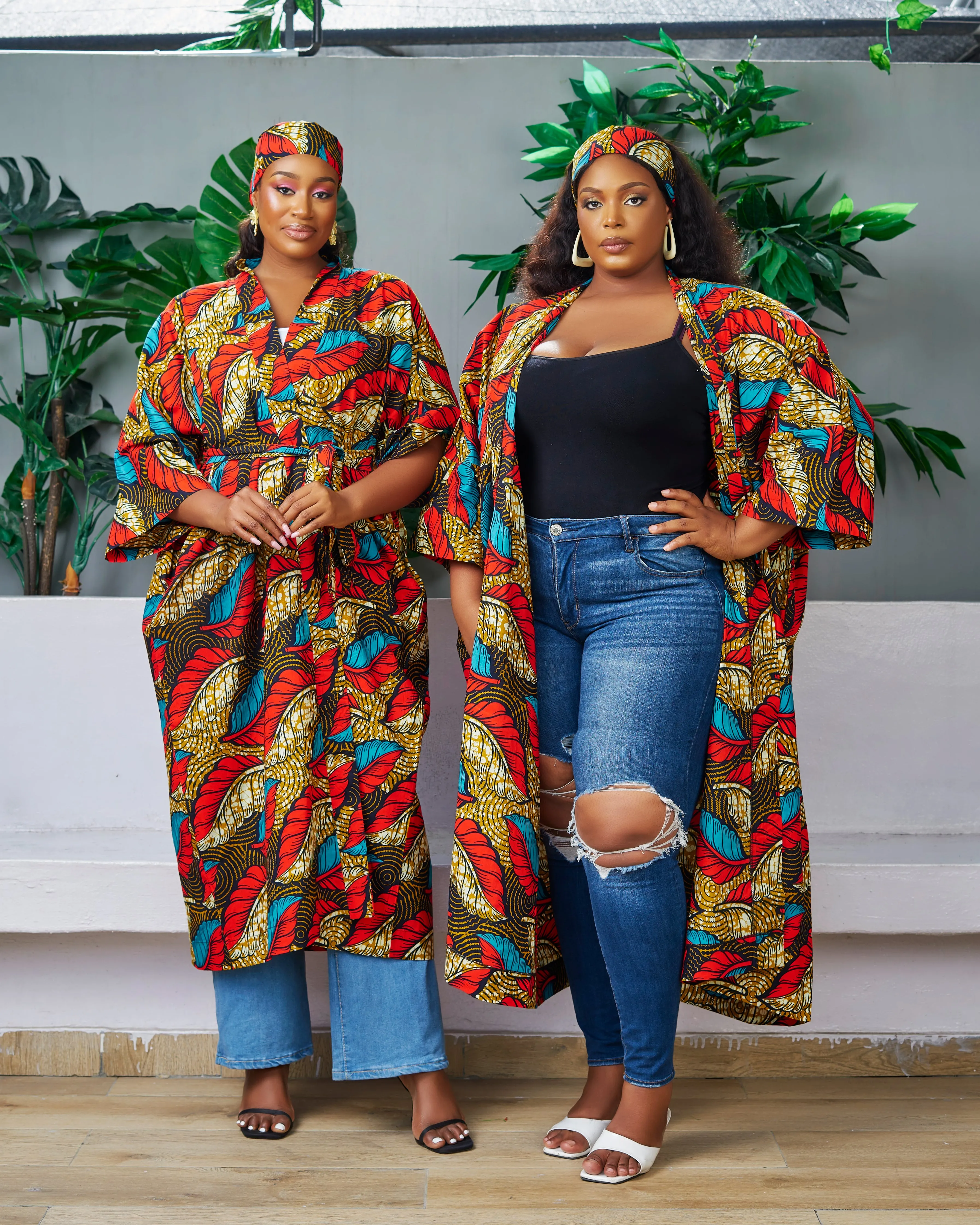 2pc African Print Midi Length Kimono Jacket and Headwrap Set- Zimife