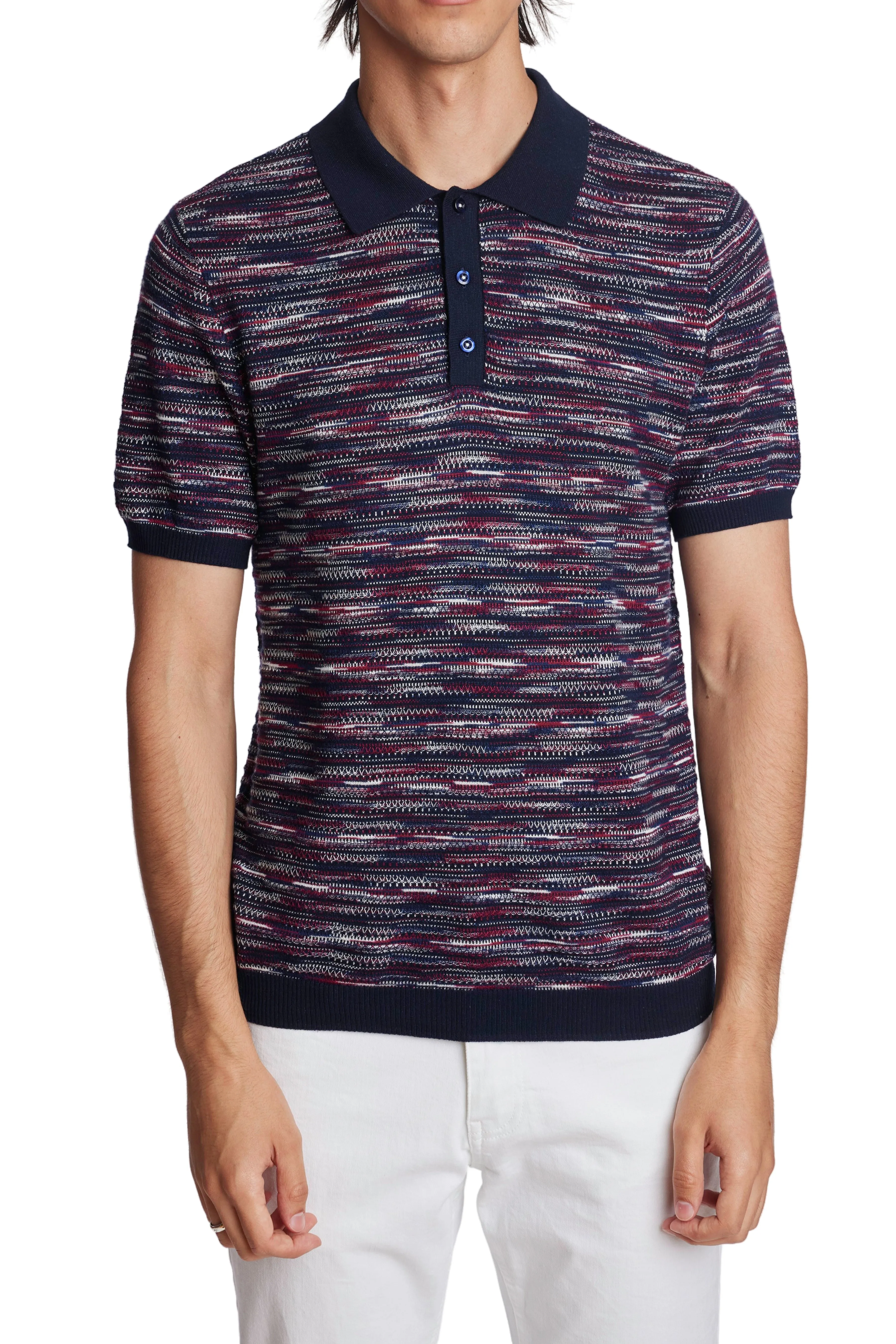 3 Button Knitted Polo - Red White Navy Multi