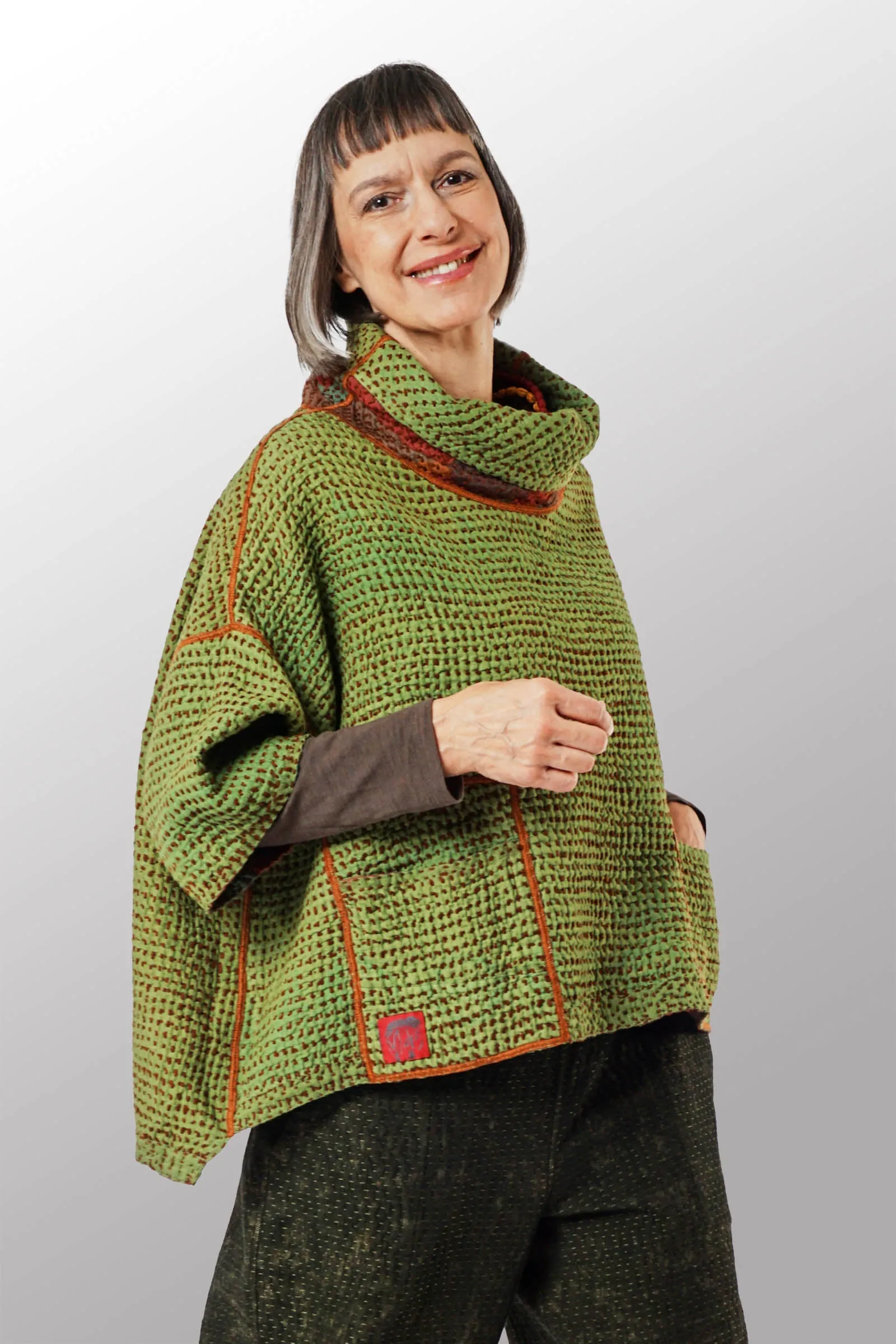 ABSTRACT WAFFLE KANTHA COWL NECK PONCHO - bw3061-red -