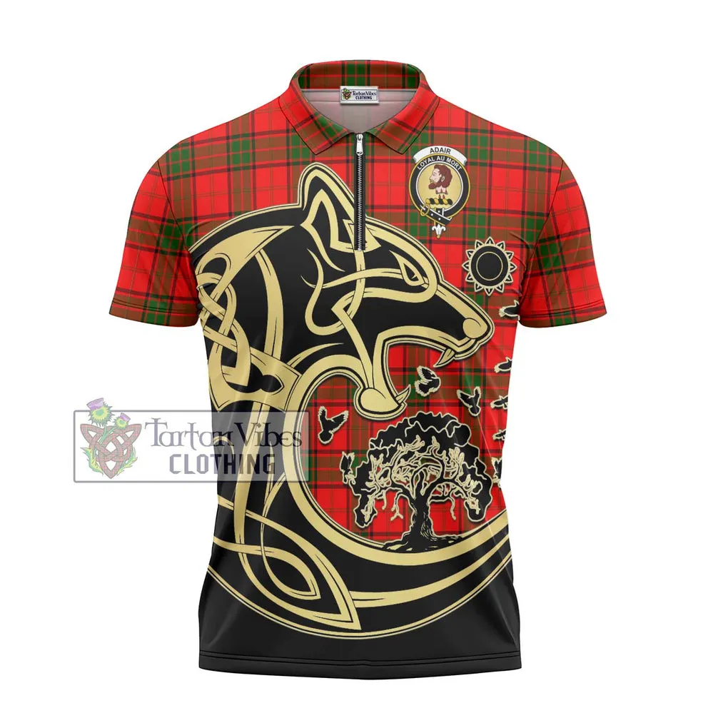 Adair Tartan Zipper Polo Shirt with Family Crest Celtic Wolf Style