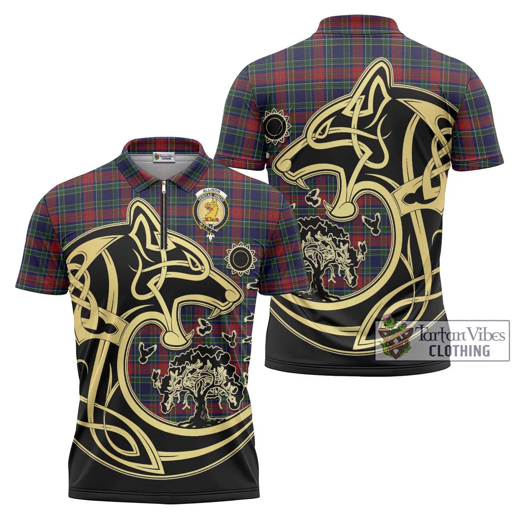 Allison Red Tartan Zipper Polo Shirt with Family Crest Celtic Wolf Style