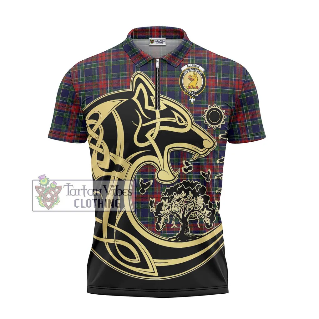 Allison Red Tartan Zipper Polo Shirt with Family Crest Celtic Wolf Style