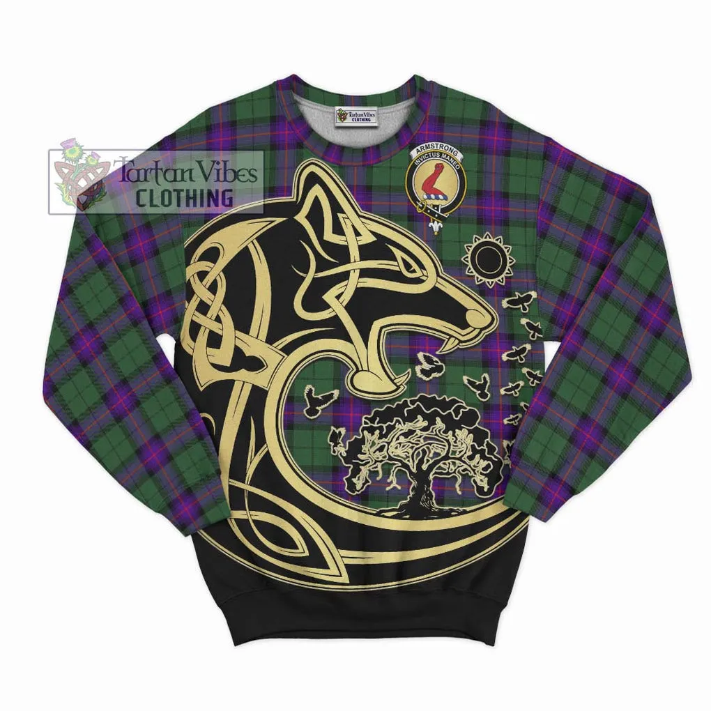 Armstrong Modern Tartan Sweatshirt with Family Crest Celtic Wolf Style