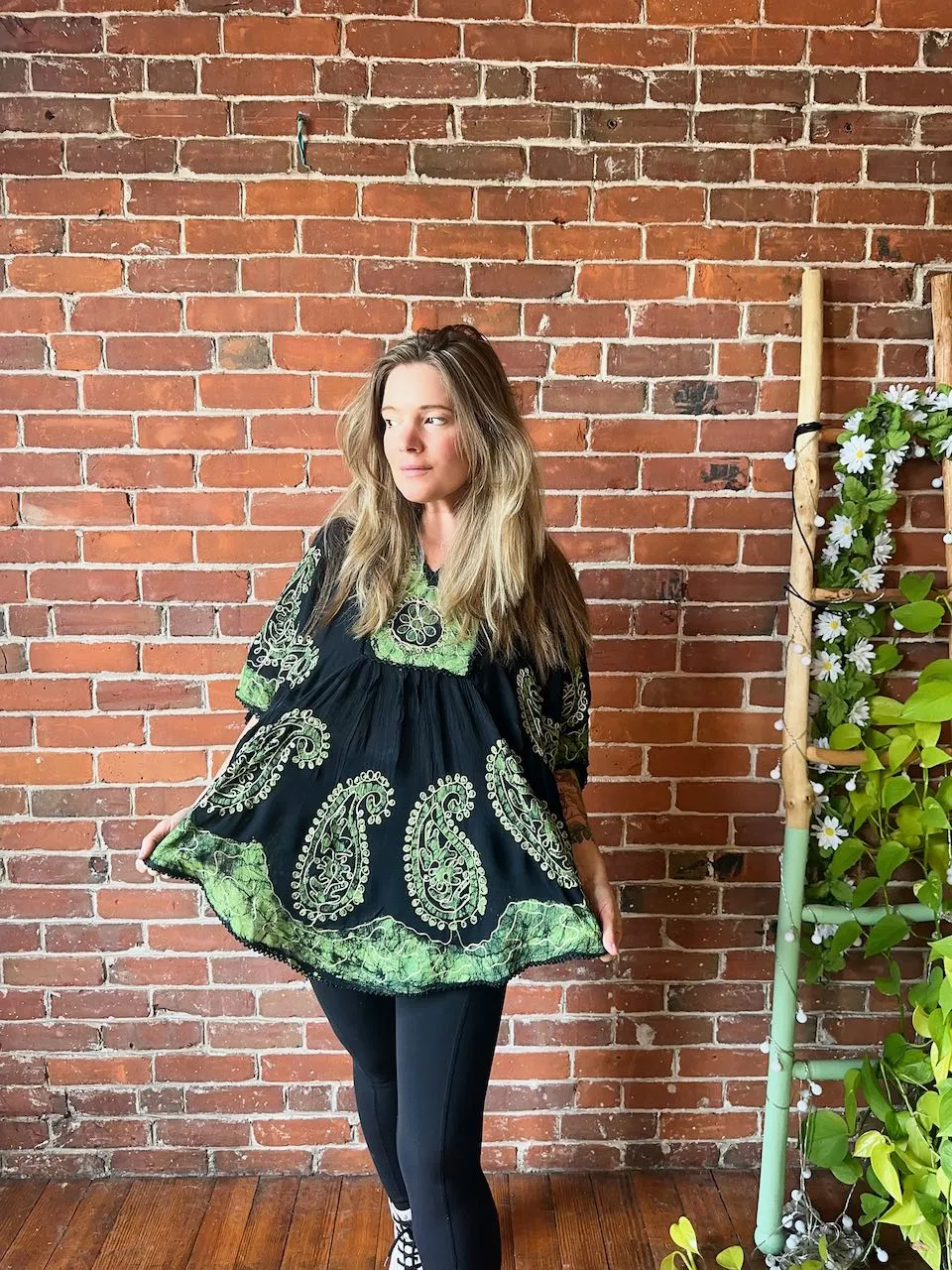 Artemis Batik Poncho Top - Green/Black