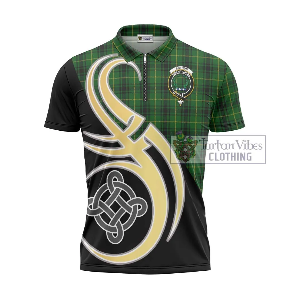 Arthur Tartan Zipper Polo Shirt with Family Crest and Celtic Symbol Style