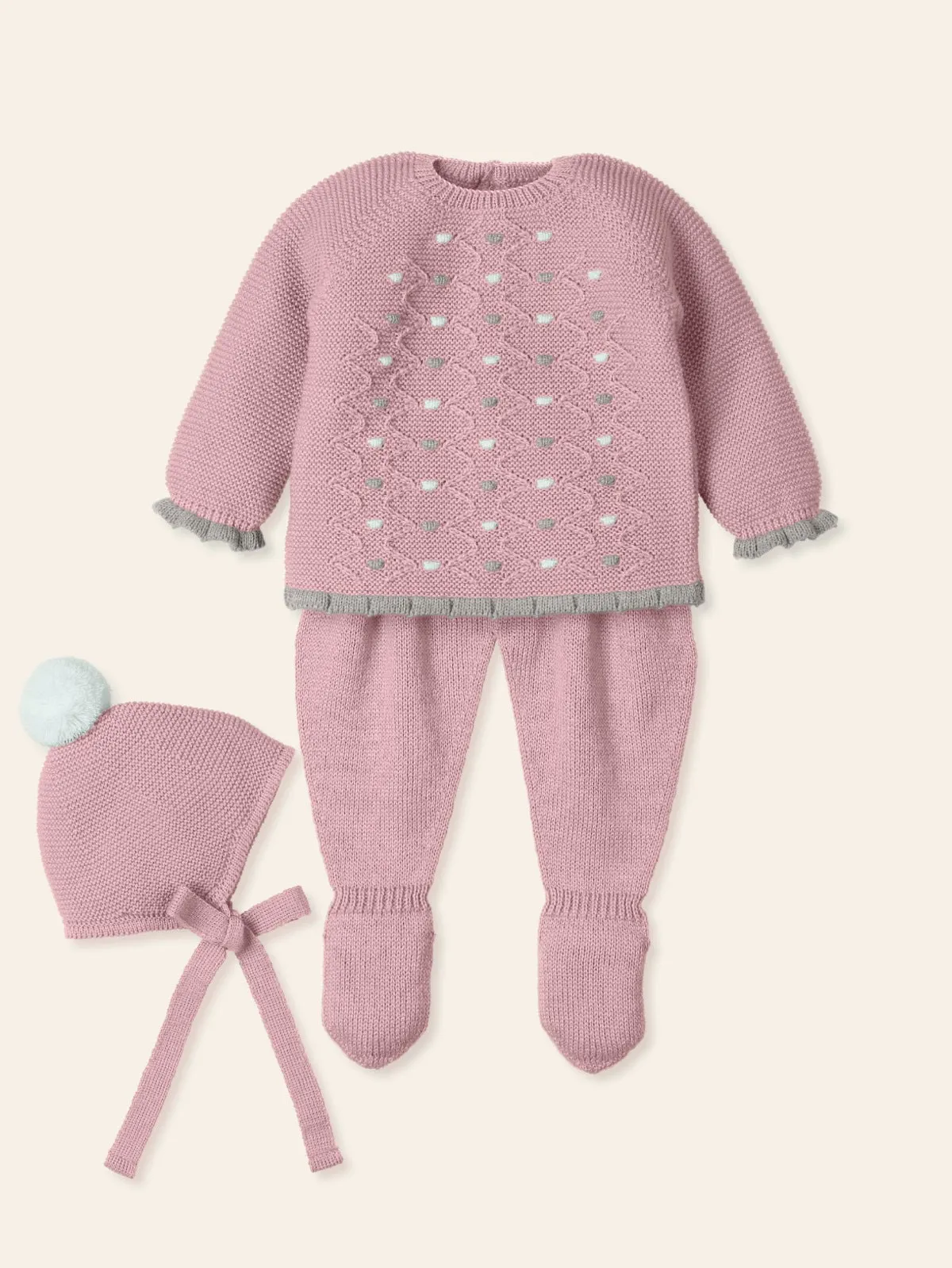 BABY ROSE ACUNAR set of Three Pieces Knitted Outfit for Newborns (9402)