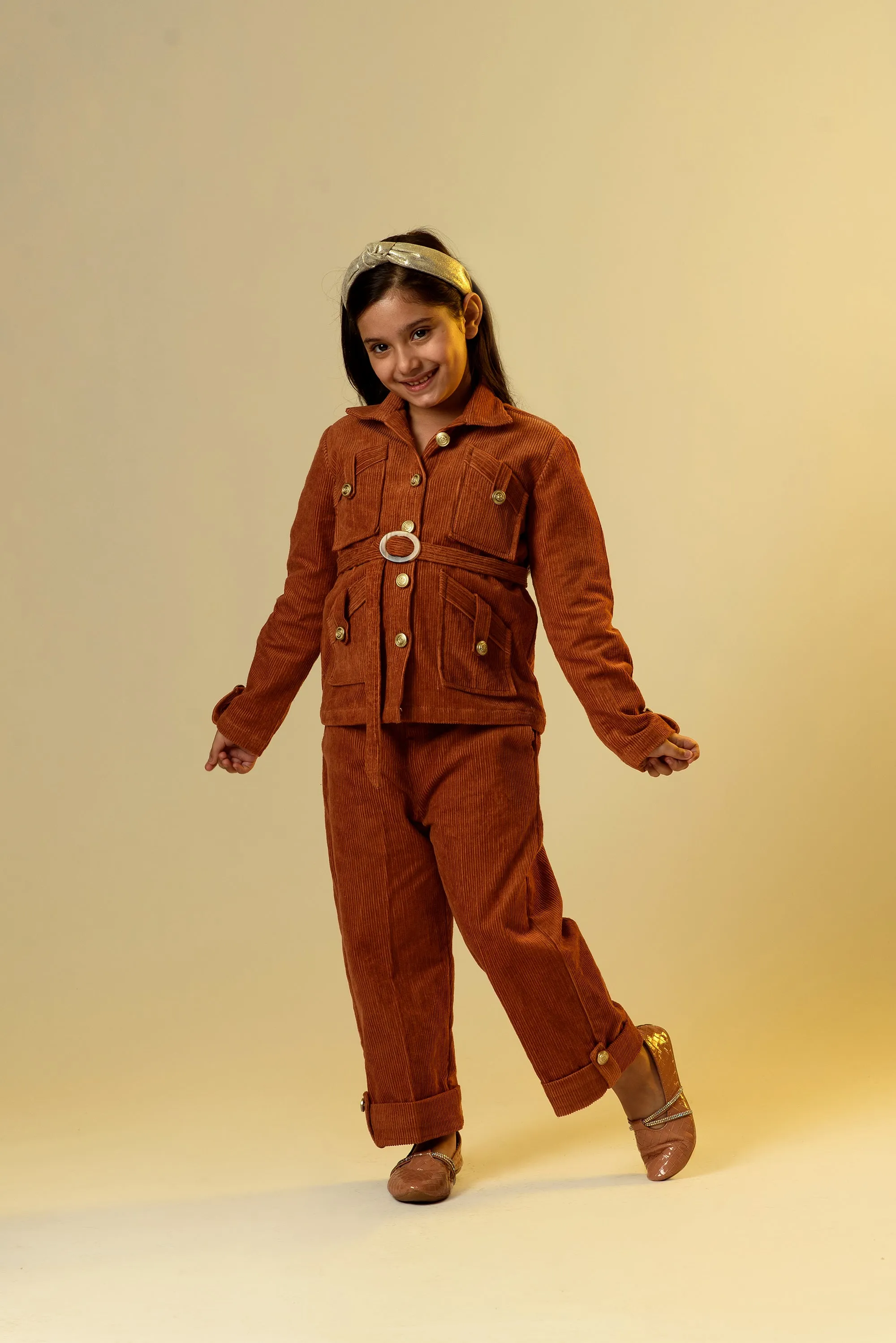 Backwood Radiance- Organic Corduroy Shirt & Trousers With Belt For Girls