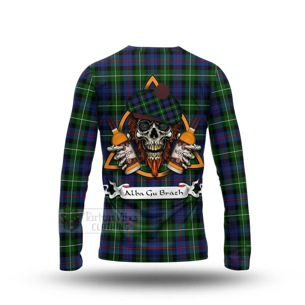 Baillie (Bailey) Tartan Long Sleeve T-Shirt with Family Crest and Bearded Skull Holding Bottles of Whiskey