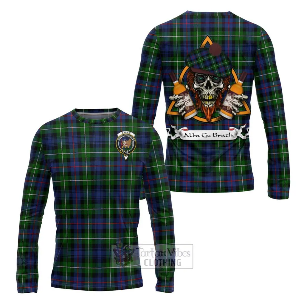 Baillie (Bailey) Tartan Long Sleeve T-Shirt with Family Crest and Bearded Skull Holding Bottles of Whiskey