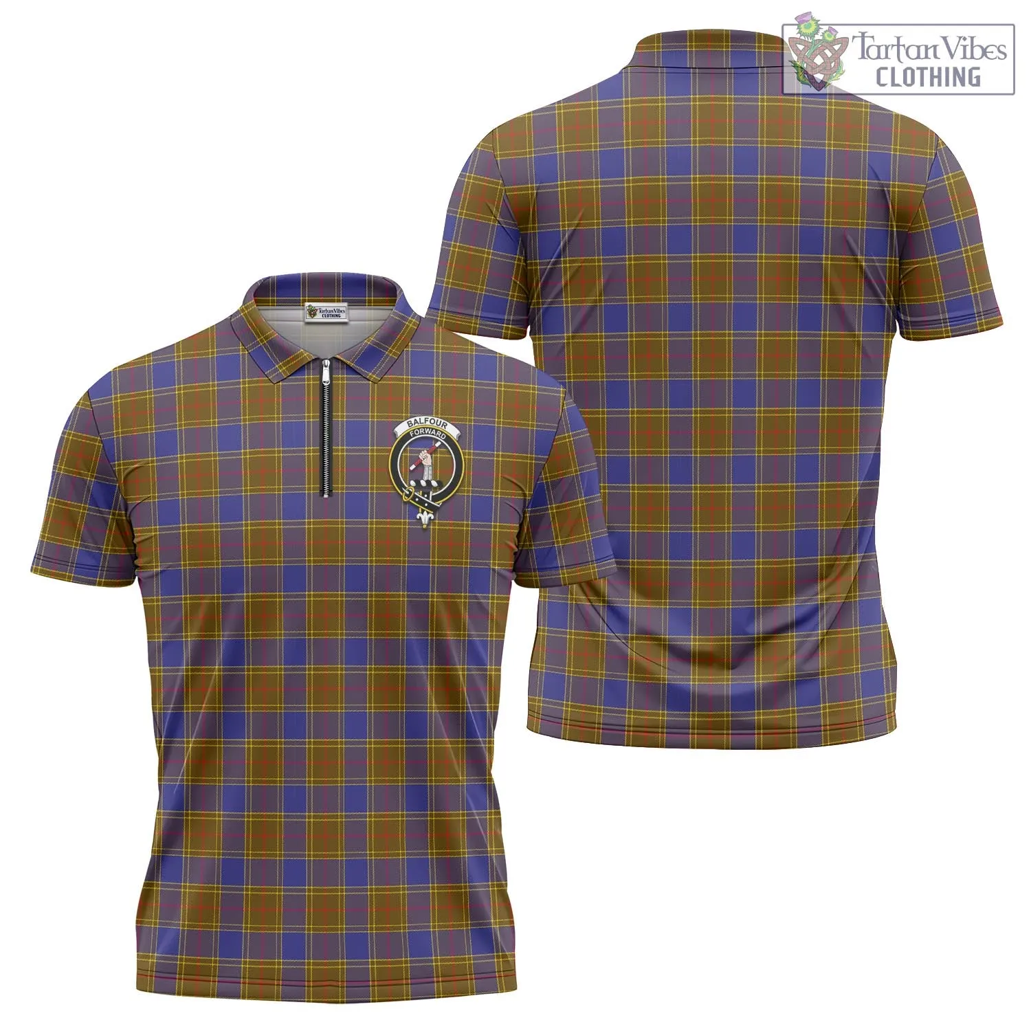 Balfour Tartan Zipper Polo Shirt with Family Crest