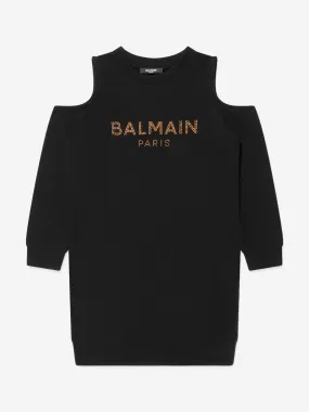 Balmain Girls Cotton Branded Open Shoulder Dress