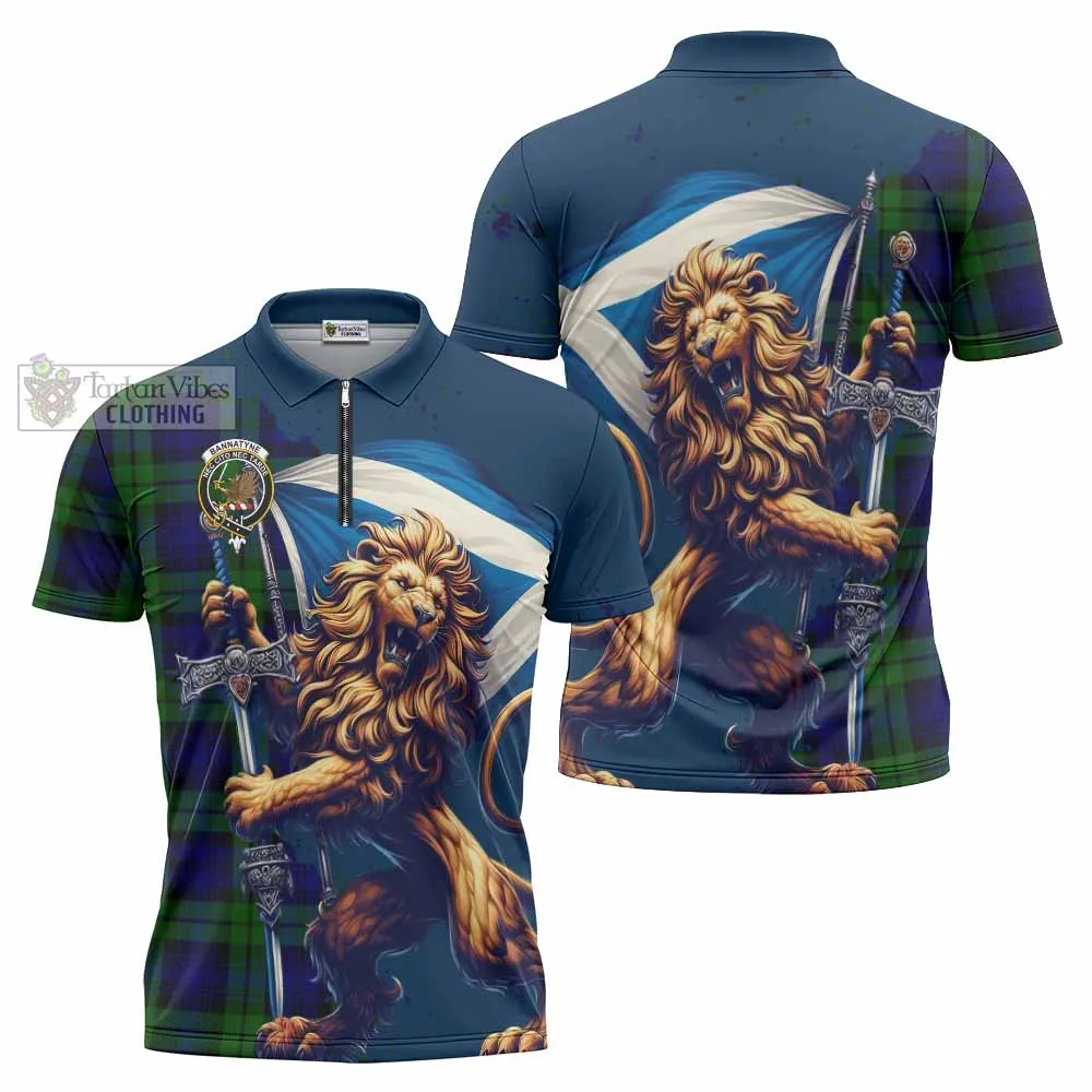 Bannatyne Tartan Family Crest Zipper Polo Shirt with Scottish Majestic Lion