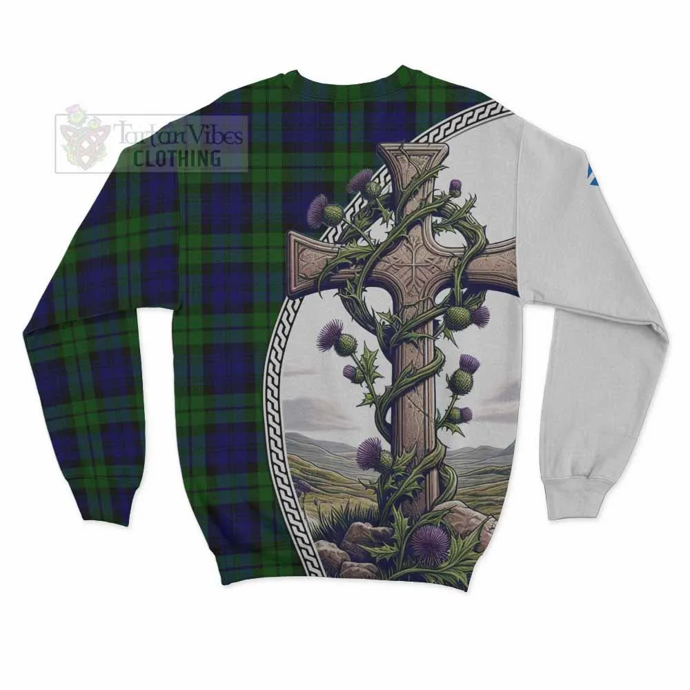 Bannatyne Tartan Sweatshirt with Family Crest and St. Andrew's Cross Accented by Thistle Vines