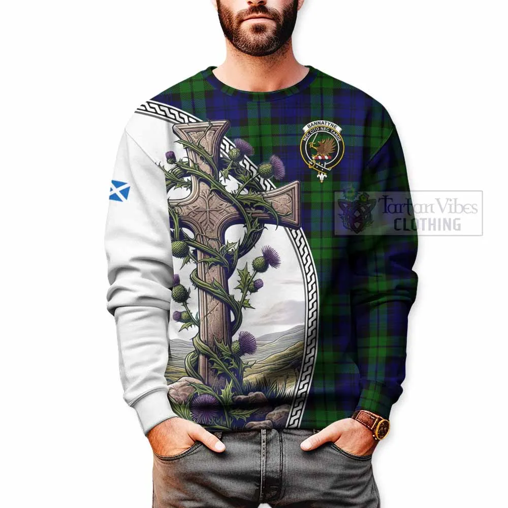 Bannatyne Tartan Sweatshirt with Family Crest and St. Andrew's Cross Accented by Thistle Vines