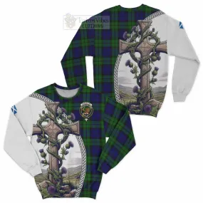 Bannatyne Tartan Sweatshirt with Family Crest and St. Andrew's Cross Accented by Thistle Vines