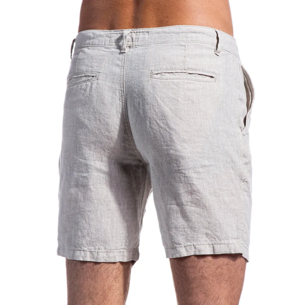 Beige Linen Slim Fit Shorts