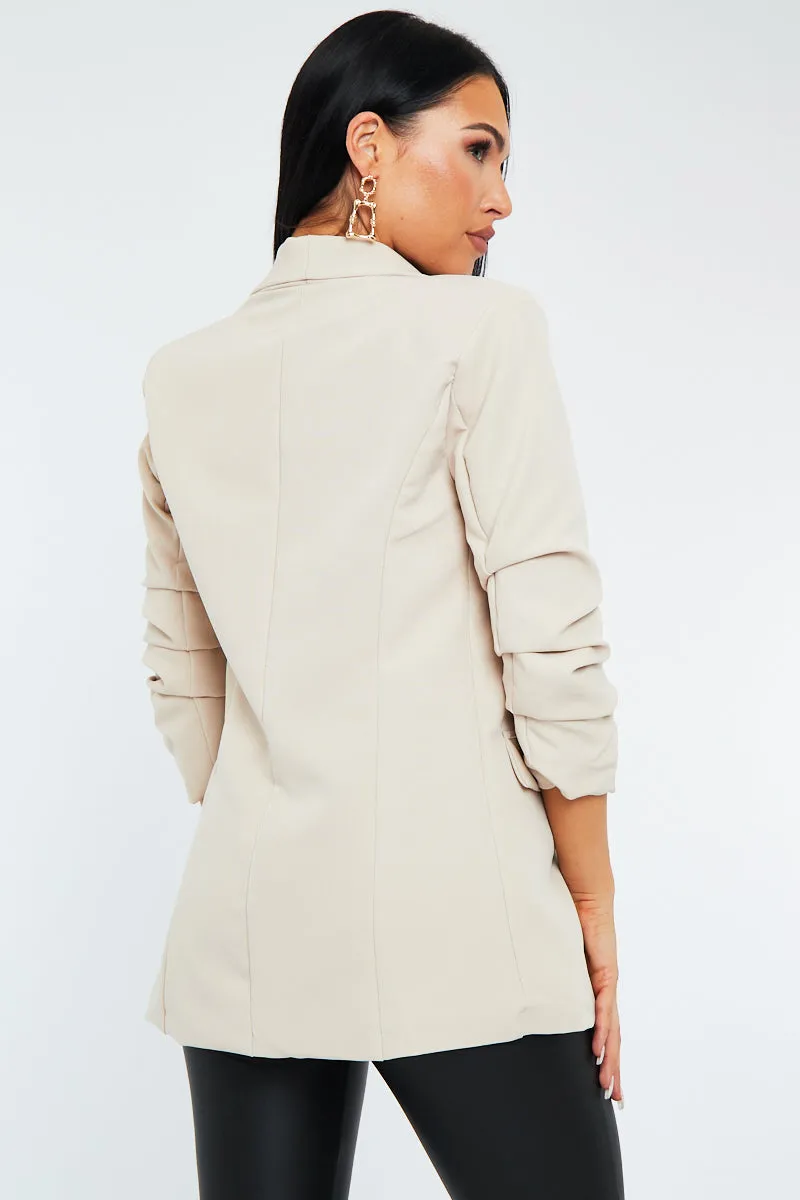 Beige Ruched Sleeves Blazer - Hurain