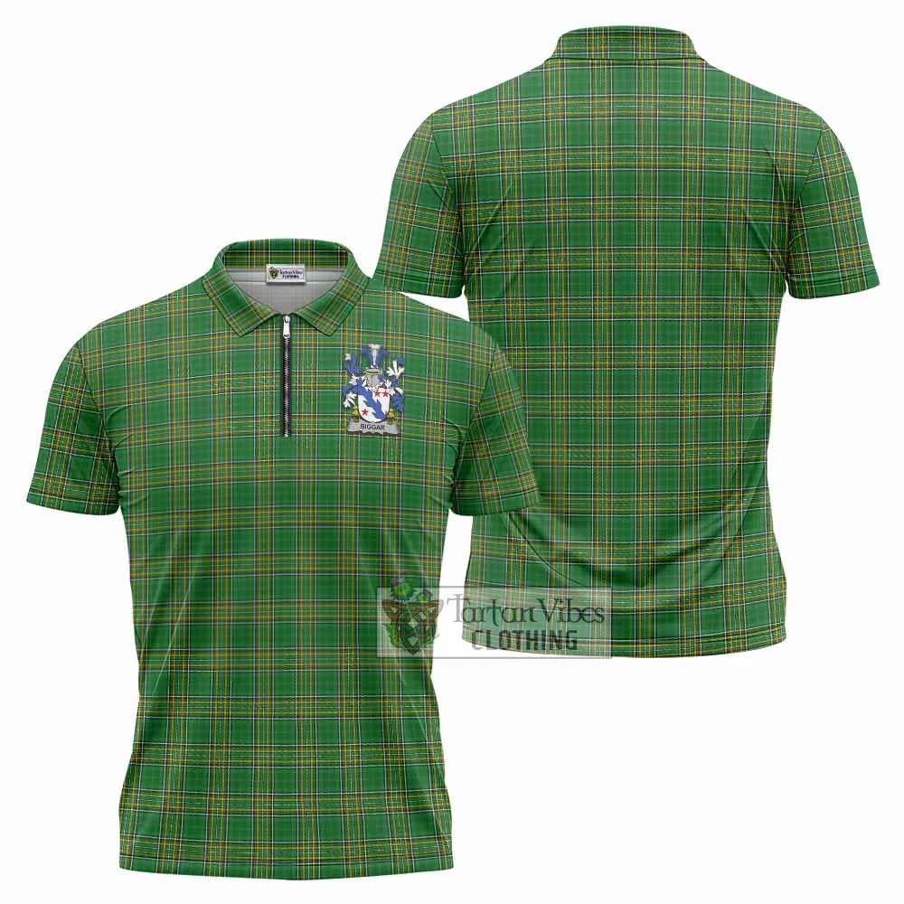 Biggar Irish Clan Tartan Zipper Polo Shirt with Coat of Arms