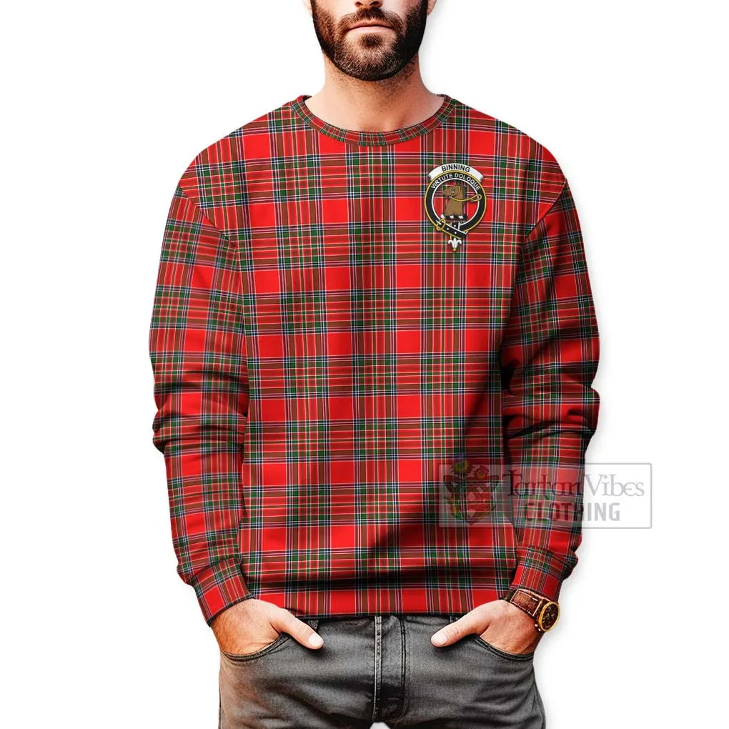 Binning Tartan Sweatshirt with Family Crest and Bearded Skull Holding Bottles of Whiskey