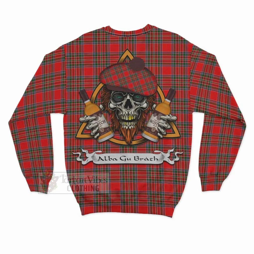 Binning Tartan Sweatshirt with Family Crest and Bearded Skull Holding Bottles of Whiskey