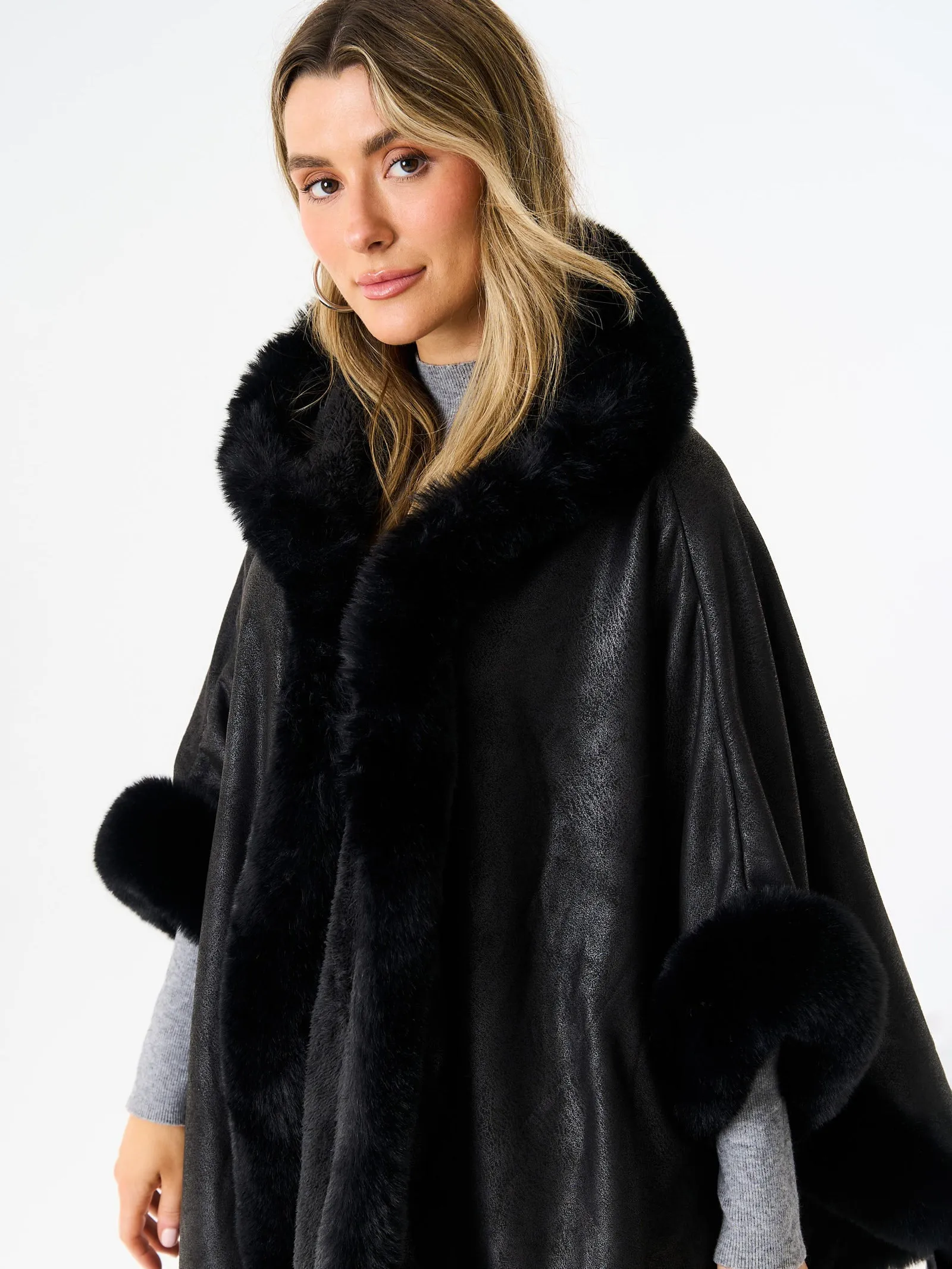 Black Faux Fur Trim Poncho Cape