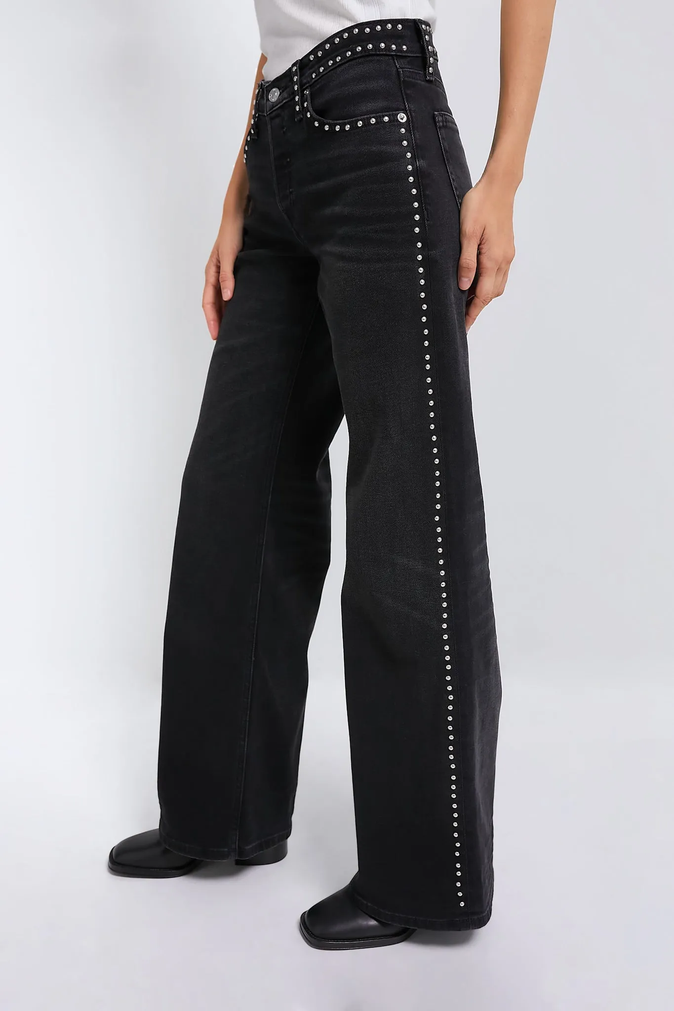 Black Studded Mid Rise Wide Leg