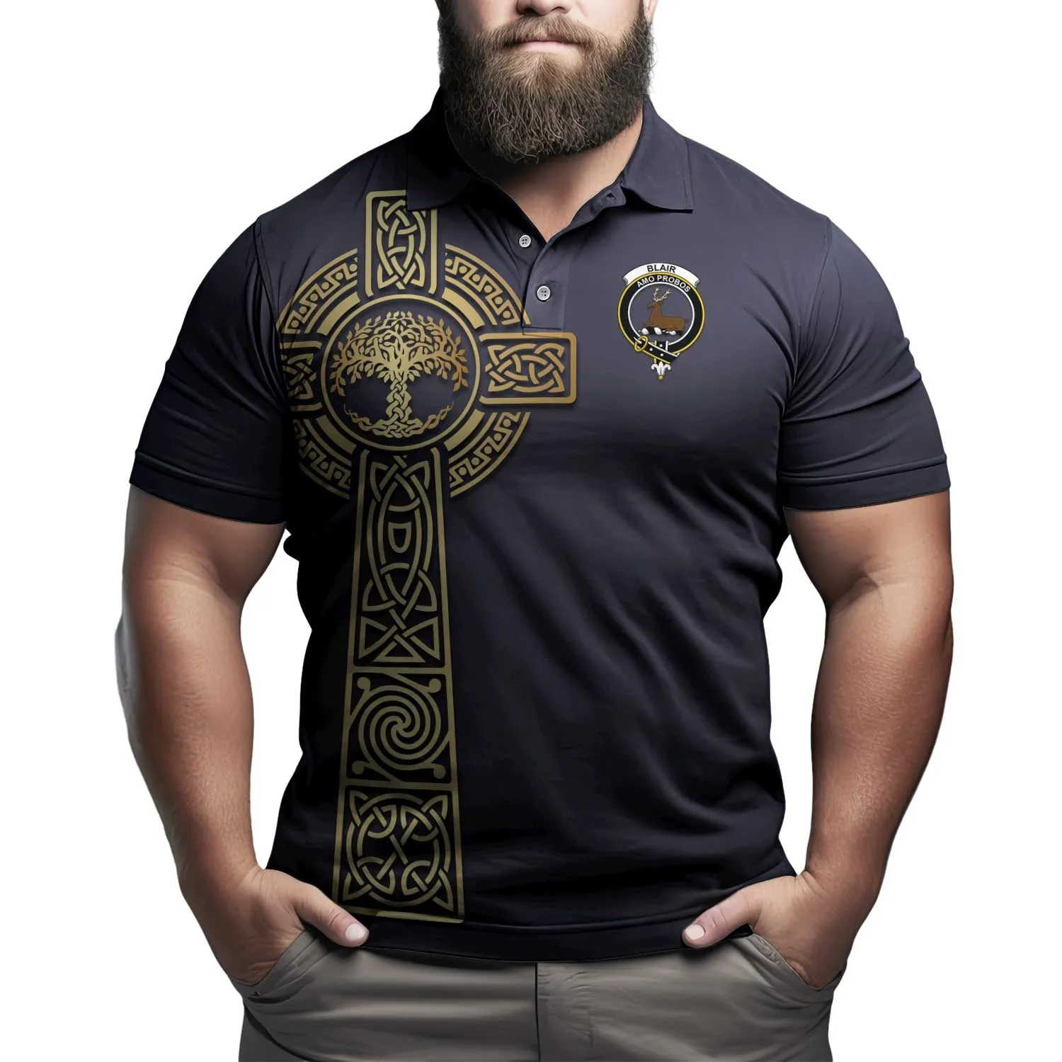 Blair Clan Polo Shirt with Golden Celtic Tree Of Life