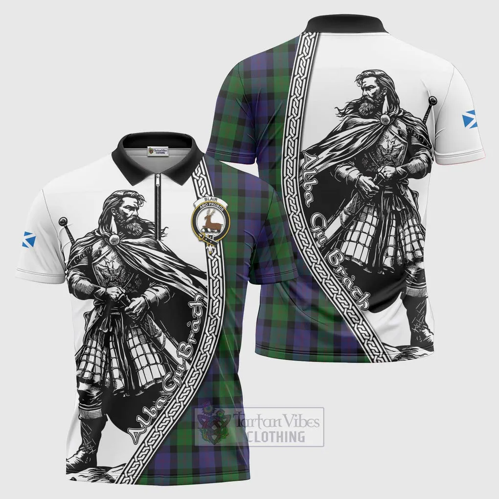 Blair Tartan Clan Crest Zipper Polo Shirt with Highlander Warrior Celtic Style