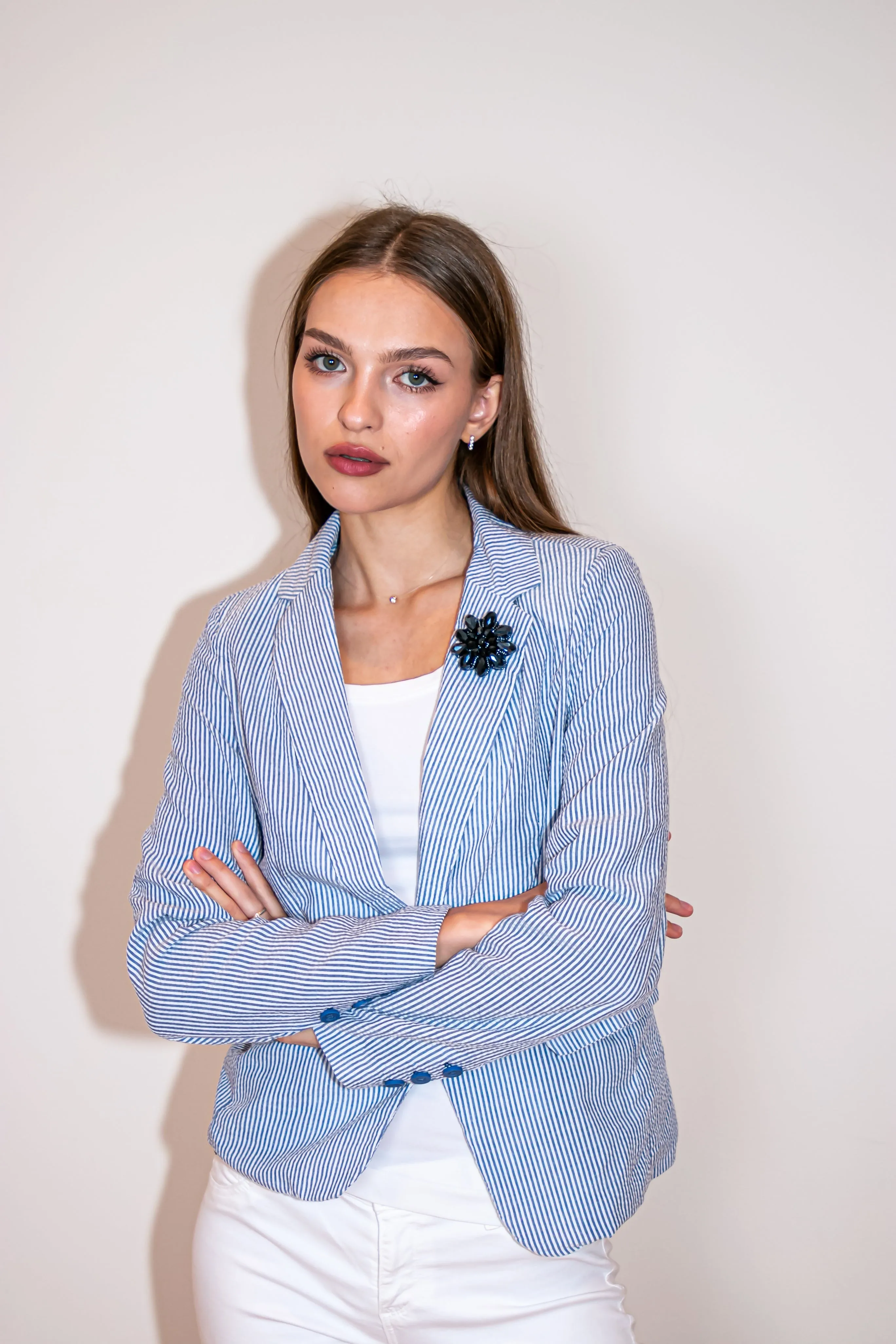 Blazer, Seersucker Blue, Beaded Flower on Lapel