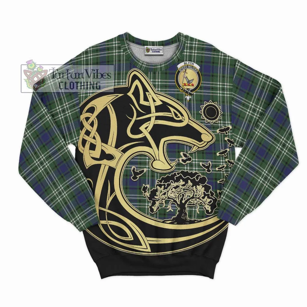 Blyth Tartan Sweatshirt with Family Crest Celtic Wolf Style