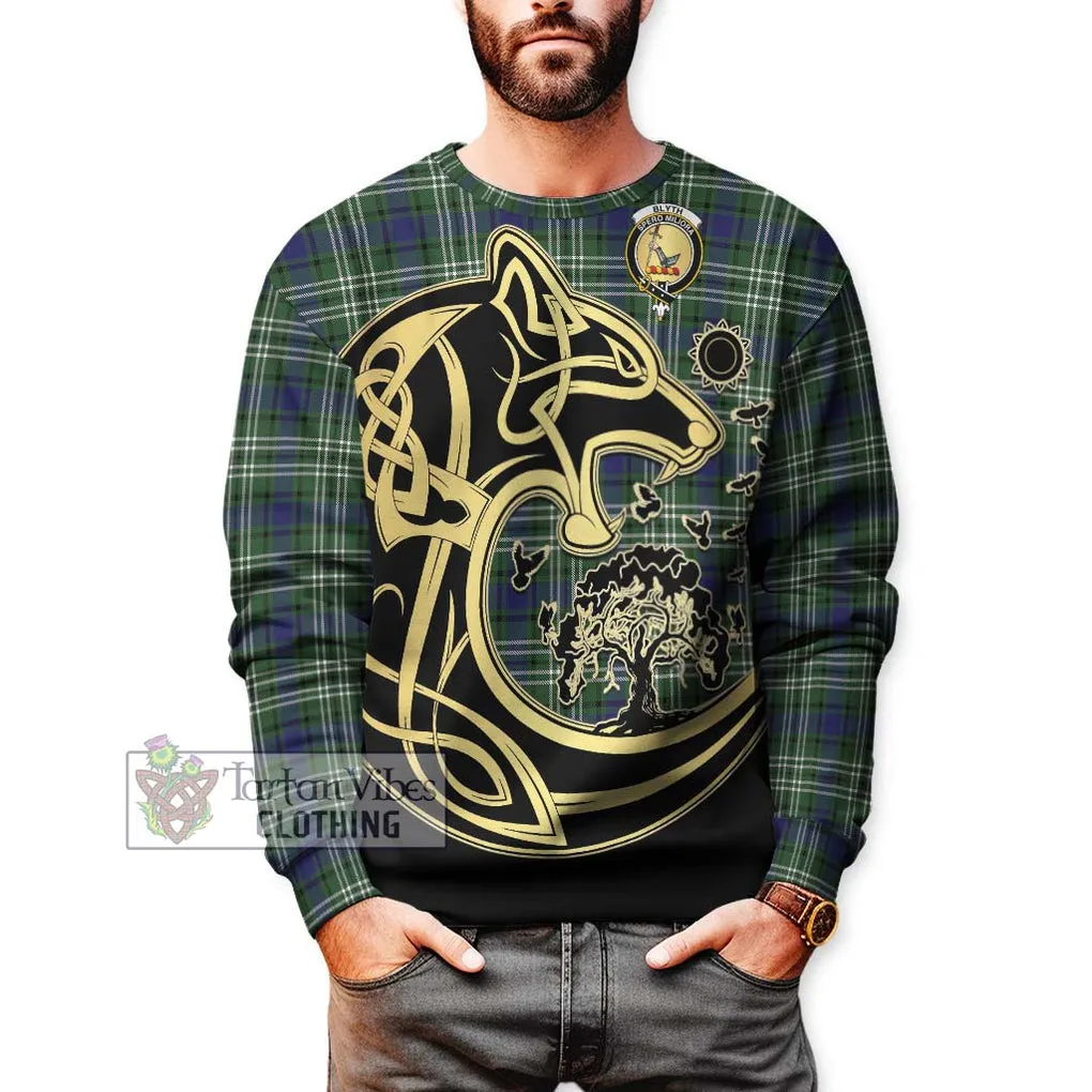 Blyth Tartan Sweatshirt with Family Crest Celtic Wolf Style