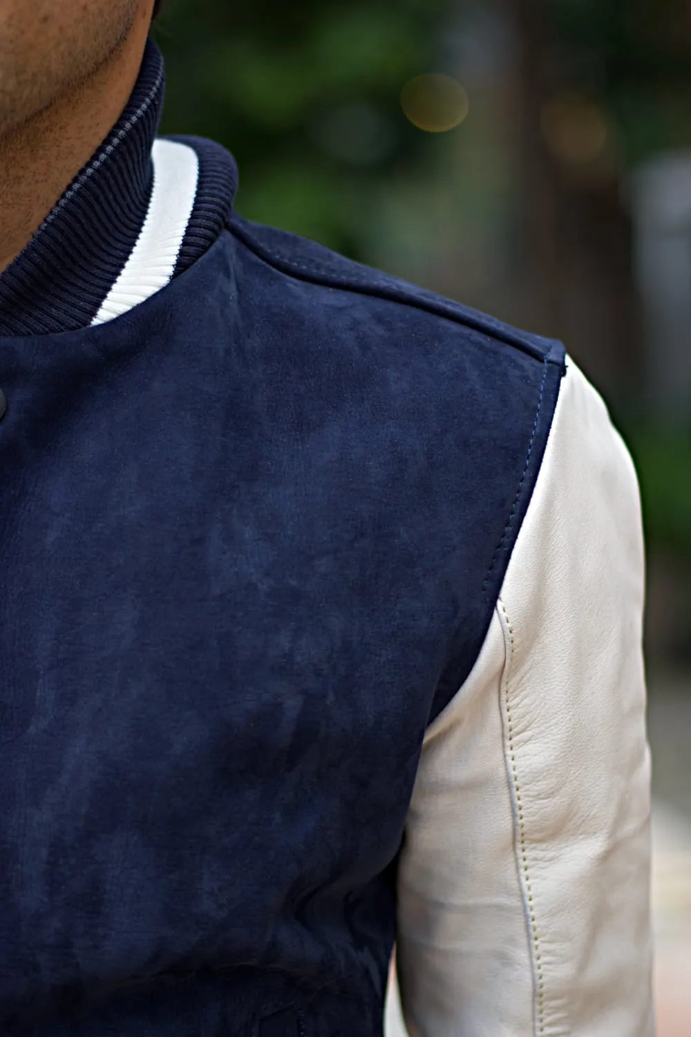 BOSTON Leather Bison Suede Varsity Jacket - Blue & Ivory