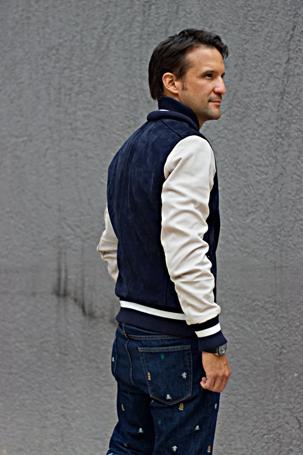 BOSTON Leather Bison Suede Varsity Jacket - Blue & Ivory