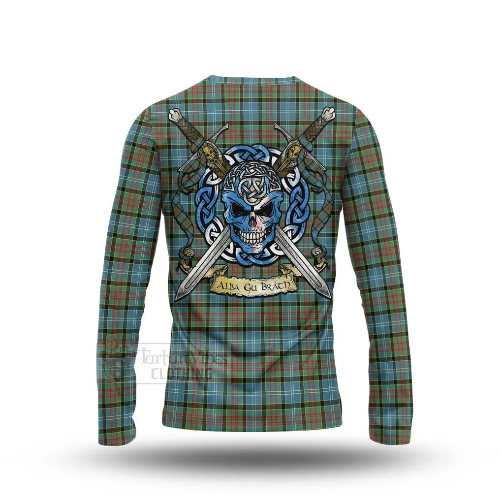 Brisbane Tartan Long Sleeve T-Shirt with Family Crest Celtic Skull Style