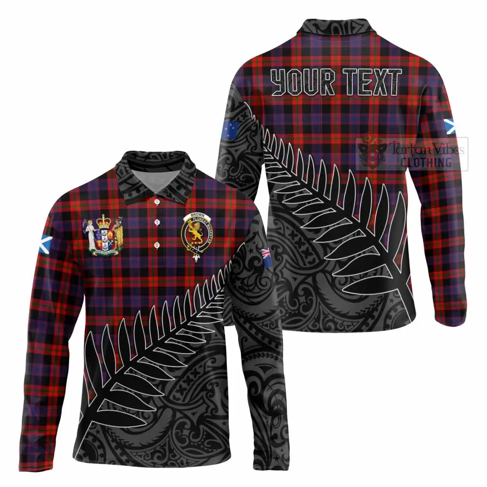 Brown (Broun) Crest Tartan Long Sleeve Polo Shirt with New Zealand Silver Fern Half Style