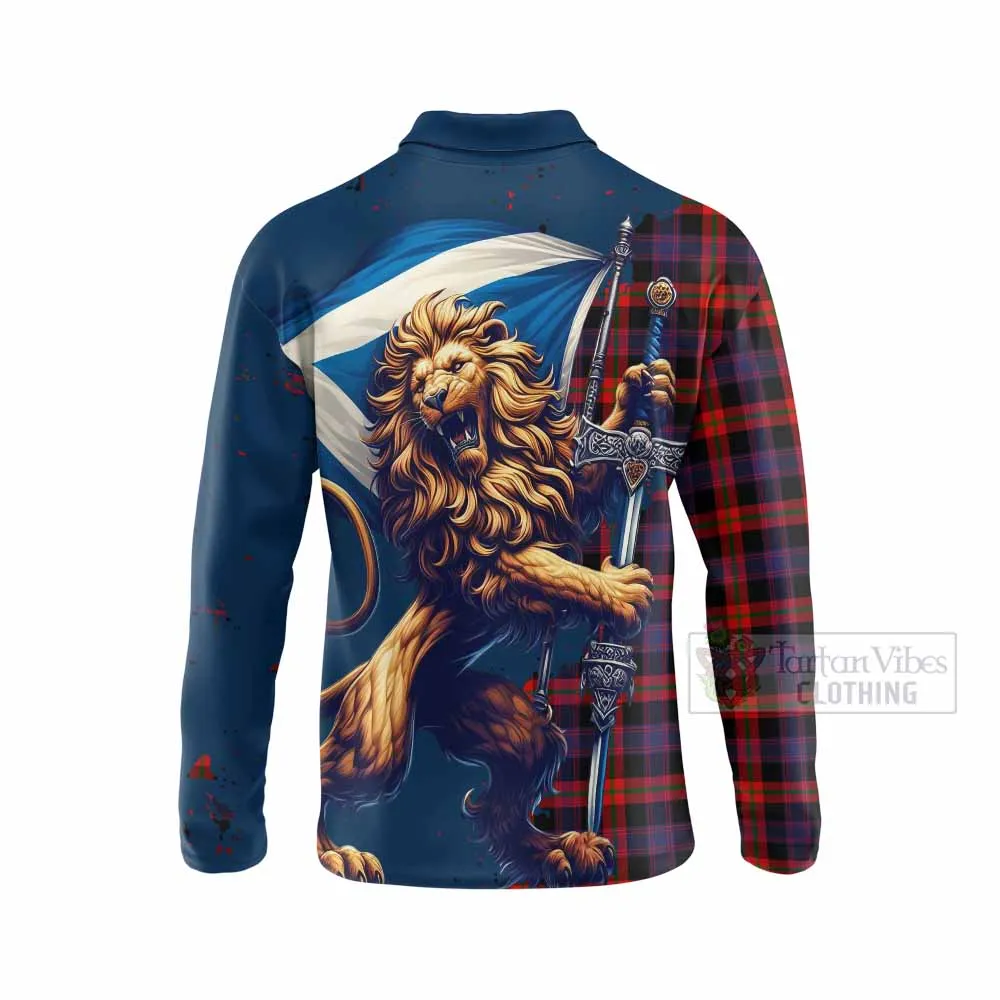 Brown (Broun) Tartan Family Crest Long Sleeve Polo Shirt with Scottish Majestic Lion