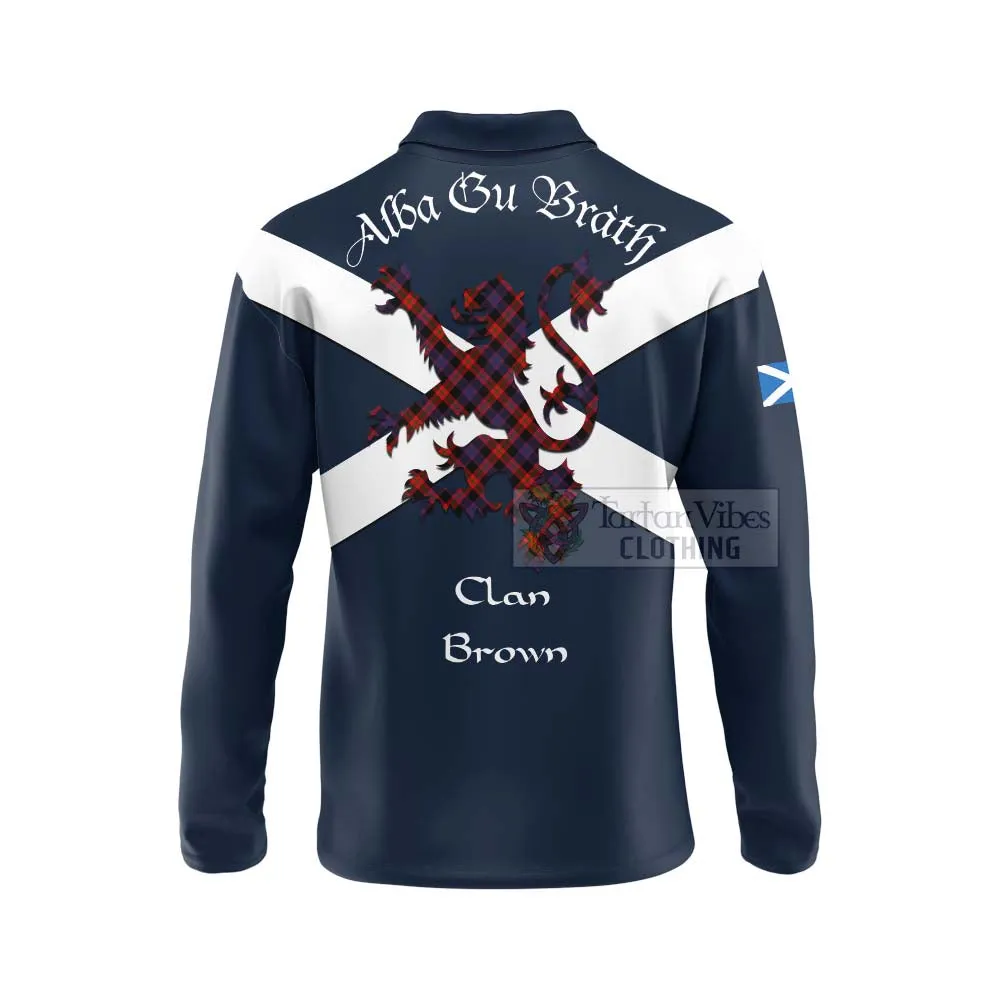 Brown (Broun) Tartan Lion Rampant Long Sleeve Polo Shirt  Proudly Display Your Heritage with Alba Gu Brath and Clan Name