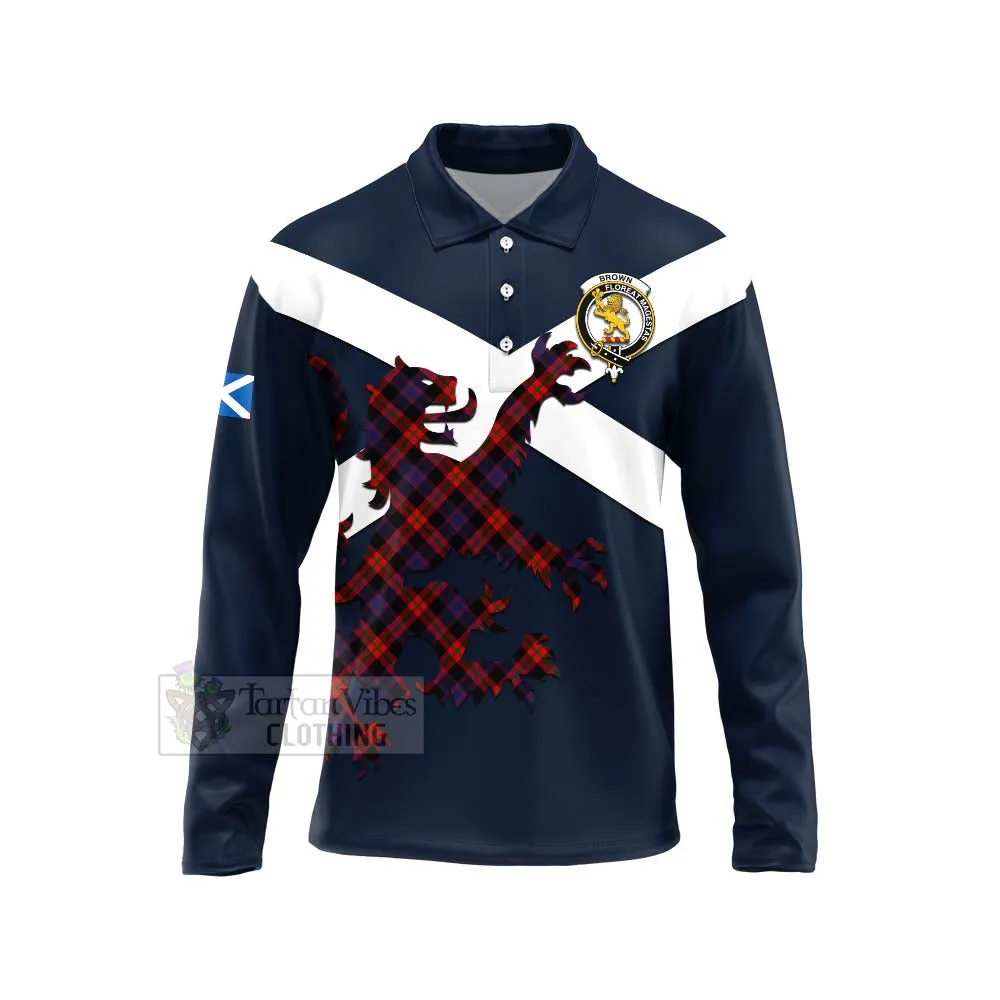 Brown (Broun) Tartan Lion Rampant Long Sleeve Polo Shirt  Proudly Display Your Heritage with Alba Gu Brath and Clan Name