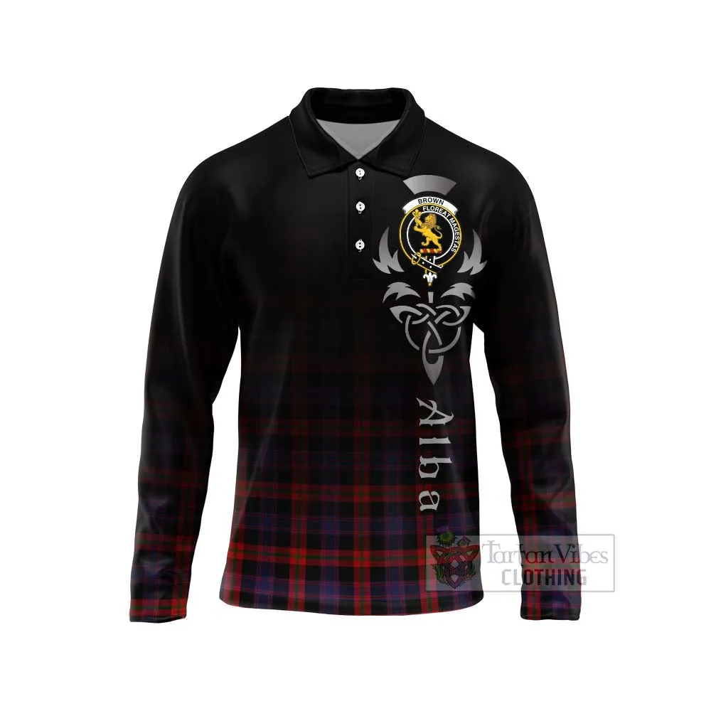 Brown (Broun) Tartan Long Sleeve Polo Shirt Featuring Alba Gu Brath Family Crest Celtic Inspired