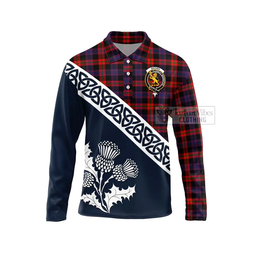 Brown (Broun) Tartan Long Sleeve Polo Shirt Featuring Thistle and Scotland Map