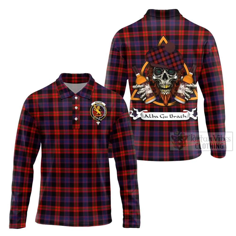 Brown (Broun) Tartan Long Sleeve Polo Shirt with Family Crest and Bearded Skull Holding Bottles of Whiskey