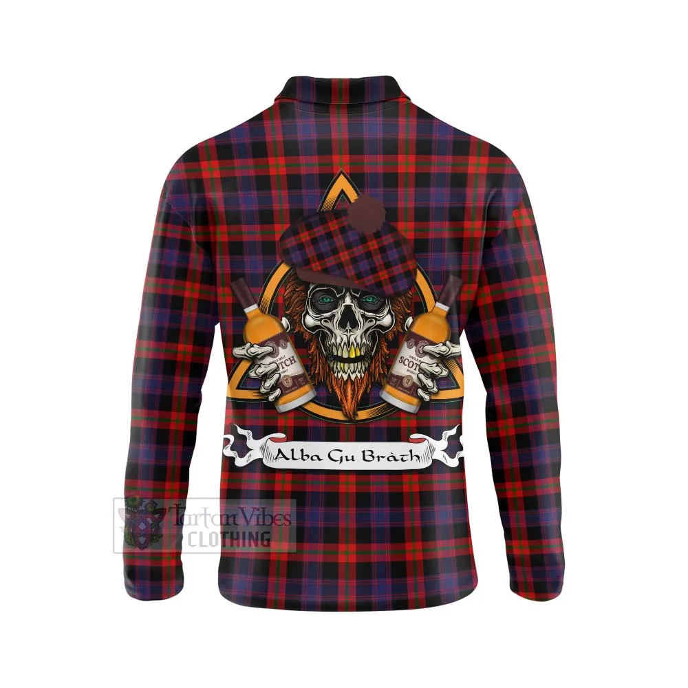 Brown (Broun) Tartan Long Sleeve Polo Shirt with Family Crest and Bearded Skull Holding Bottles of Whiskey