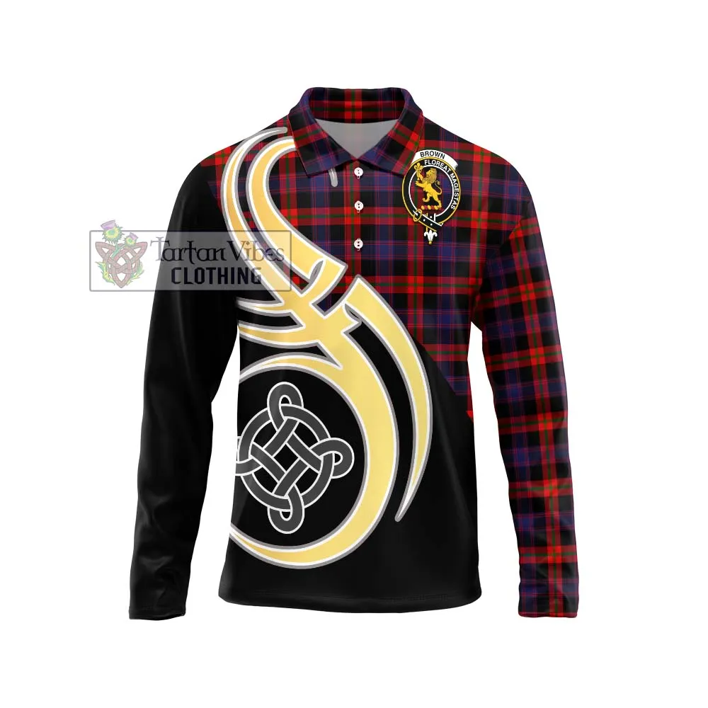 Brown (Broun) Tartan Long Sleeve Polo Shirt with Family Crest and Celtic Symbol Style