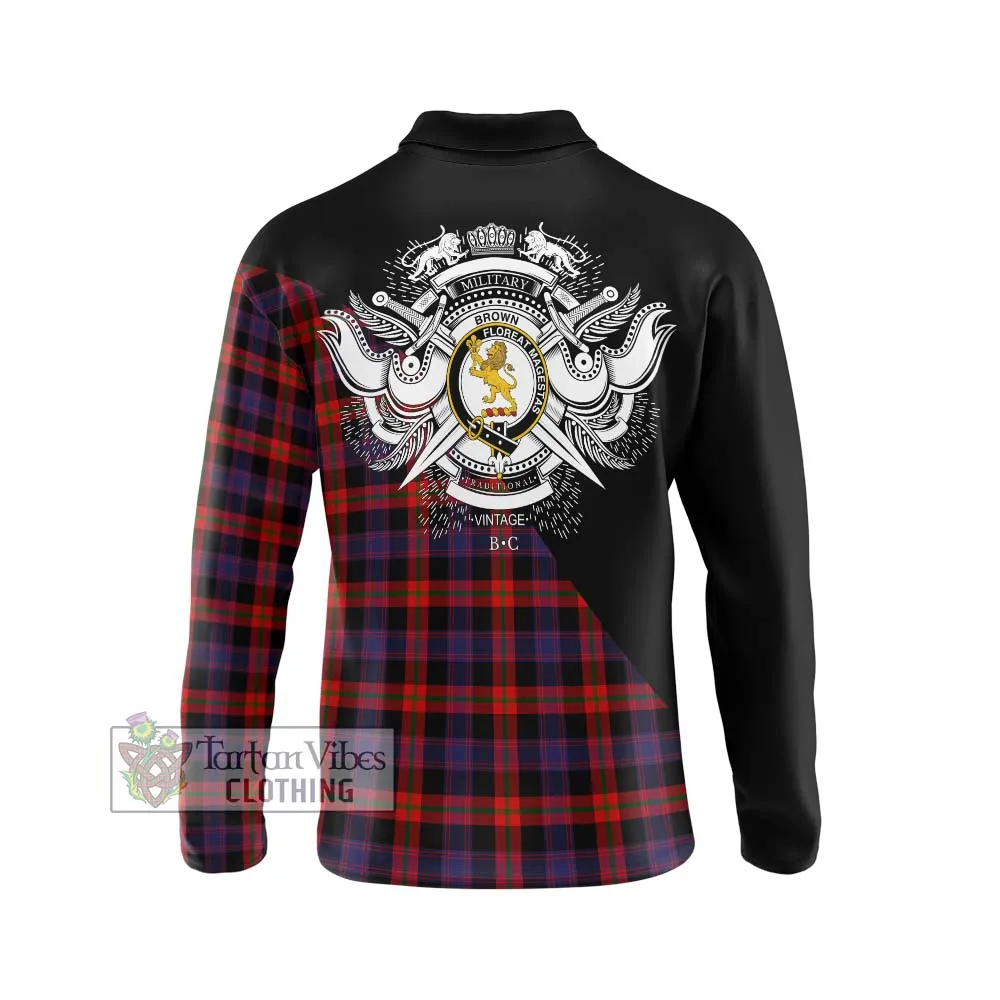 Brown (Broun) Tartan Long Sleeve Polo Shirt with Family Crest and Military Logo Style