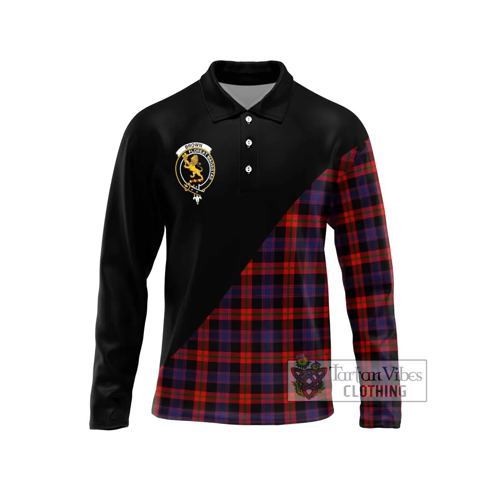 Brown (Broun) Tartan Long Sleeve Polo Shirt with Family Crest and Military Logo Style