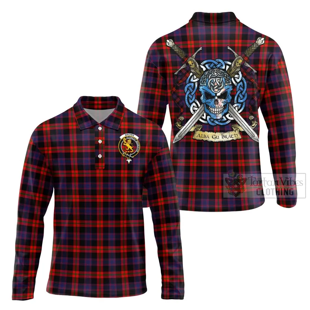 Brown (Broun) Tartan Long Sleeve Polo Shirt with Family Crest Celtic Skull Style