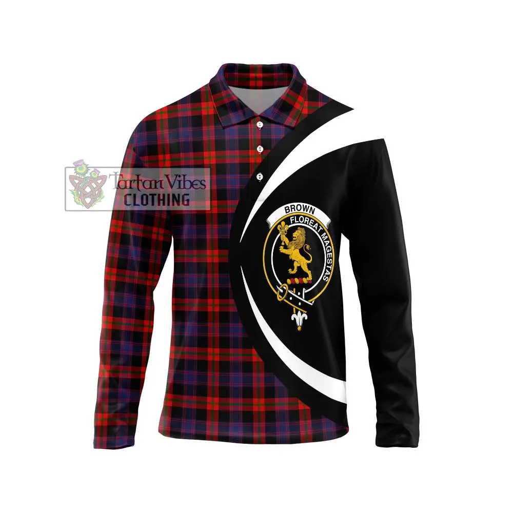 Brown (Broun) Tartan Long Sleeve Polo Shirt with Family Crest Circle Style